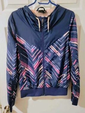 BENCH Navy Chevron Print Zip Bomber Jacket with Hood.